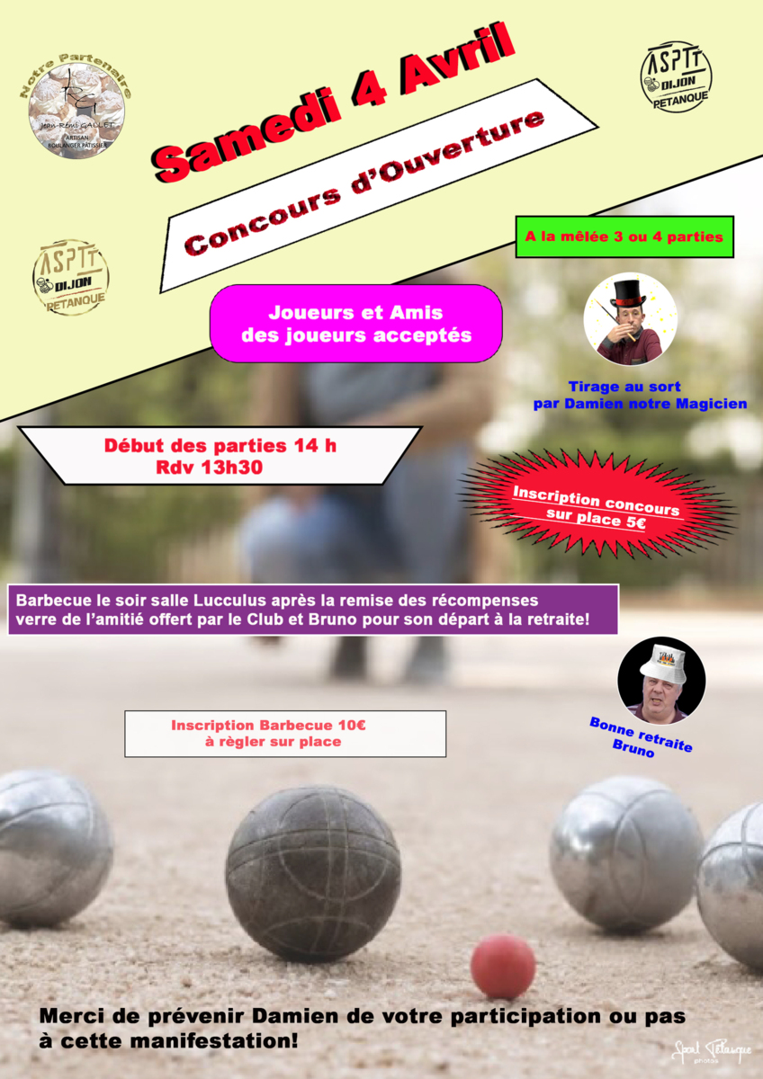 Concours d'ouverture le Samedi 4 Avril à l'Asptt