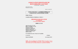AG de l'Association Dijonnaise du Boulodrome Boulodrome couvert , Mercredi 29/3 à 19h