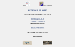 Concours Nuits Doublette Sénior , boulodrome 17 février 10H